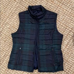 Ann Taylor Loft plaid tartan cropped crop puffer vest jacket navy S small 2 4 6